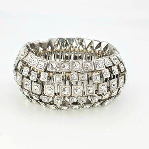 Roxanne Assoulin Silver Rhinestone Stretch Cuff Bracelet Wide Crystal Statement